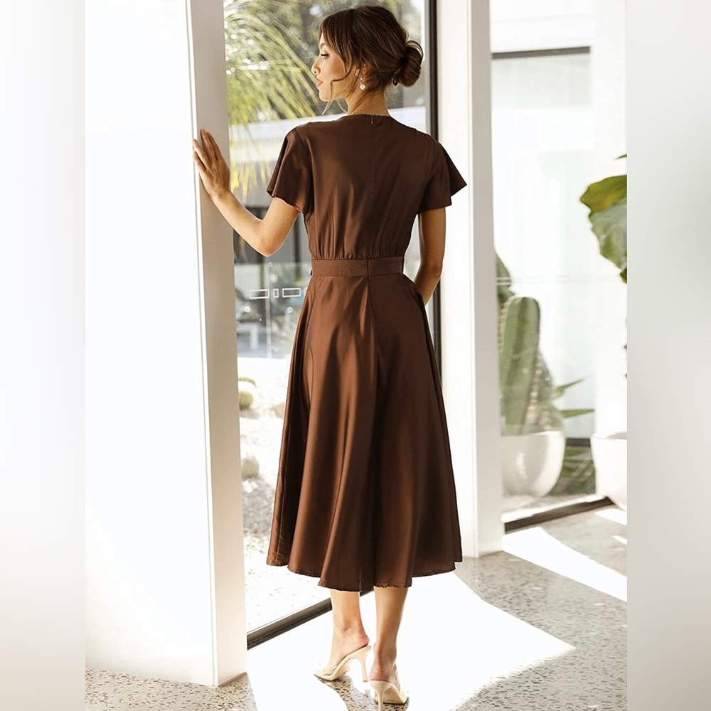 Womens Satin V Neck Ruffle Tie Front High Waist Midi A-Line Maxi Dress. Size M. - Picture 3 of 8